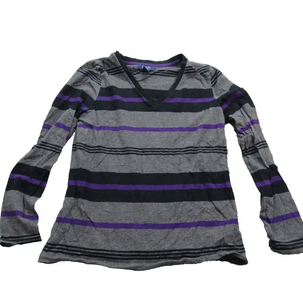 Chaps Sweater Womens Large Gray Black Purple Striped V Neck Pullover Long Sleeve